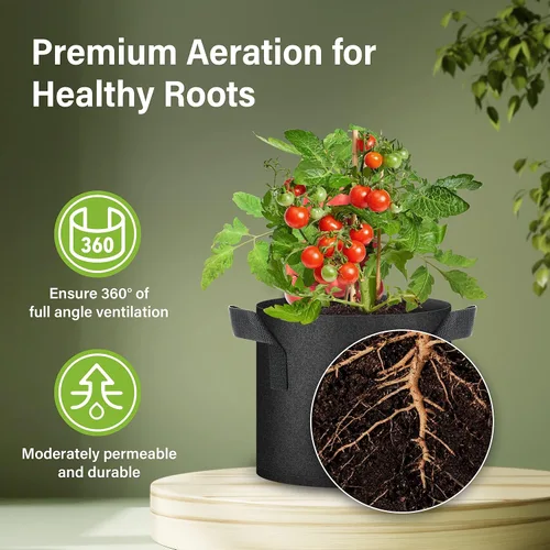 Vista 4 de Bolsas de cultivo de plantas HealSmart 3 galones, juego de 10 macetas para tomate con asas, tela no tejida de aireación, maceta de jardinería Negro