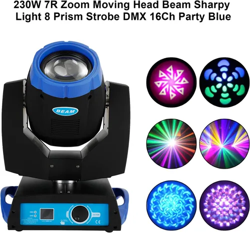 Vista 4 de 230W 7R Zoom Cabeza Móvil Haz Sharpy Luz 8 Prisma Estroboscópico DMX 16Ch Fiesta Azul