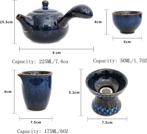 Vista 2 de Juego de té chino de cerámica Kung Fu, juego de té para adultos de 9 piezas, juego de té de la tarde, juego en caja de regalo perfecto para los Azul