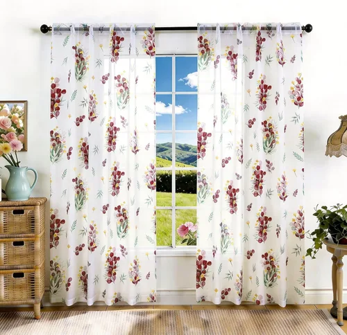 Vista 17 de youleyar Cortinas traslúcidas florales para sala de estar, 2 paneles de 54 pulgadas de largo, cortinas semitransparentes blancas con estampado