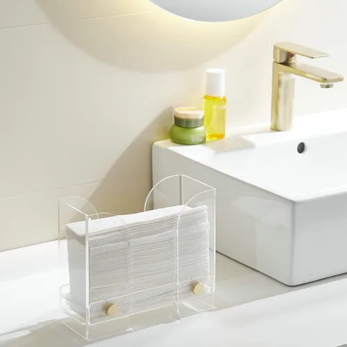 Vista 3 de Dispensador de toallas de papel acrílico para encimera: soporte para toallas de papel transparente - Almacenamiento de toallas de invitados plegado