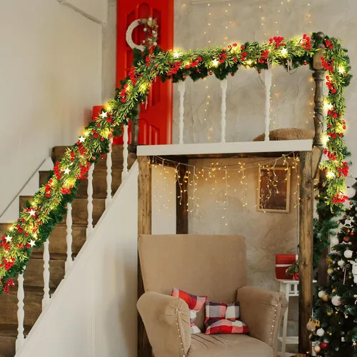 Vista 7 de Duraaamo 5 piezas de guirnalda de Navidad preiluminada con luces de estrella de 1,8 m, 20 luces LED, guirnalda de acebo con bayas rojas, funciona