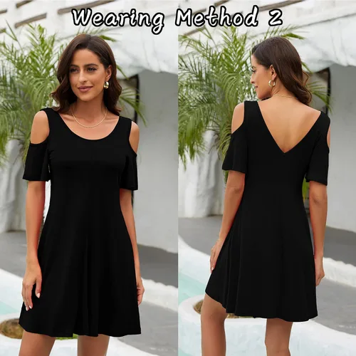 Vista 4 de Vestido sin mangas de manga corta con cuello redondo y hombros descubiertos para mujer
