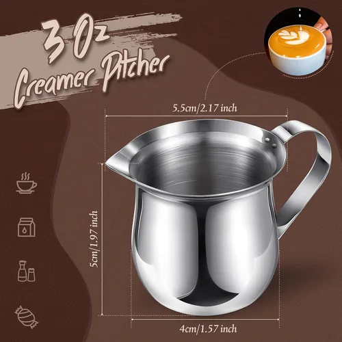 Vista 2 de Potchen Paquete de 6 cremas de campana de acero inoxidable de 3 onzas, mini jarras de leche para café con mango y tazas de boquilla para servir