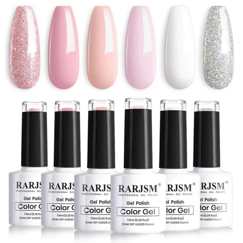 Vista 14 de RARJSM Juego de 6 esmaltes de uñas de gel, color marrón, café, vino, borgoña, nude, morado, rosa, champán, dorado, purpurina, para invierno, secado