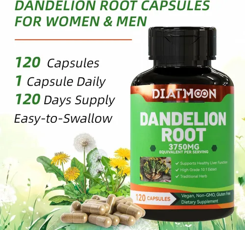 Vista 5 de Suplemento de raíz de diente de león 3750 mg, 100% vegetariano, sin OMG, sin gluten, 120 cápsulas, suministro para 4 meses