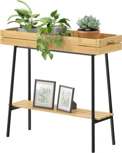 Vista 11 de BAMBANG Soporte de bambú para plantas de interior, mesa pequeña de 2 niveles, soporte alto para plantas de interior, estante para plantas