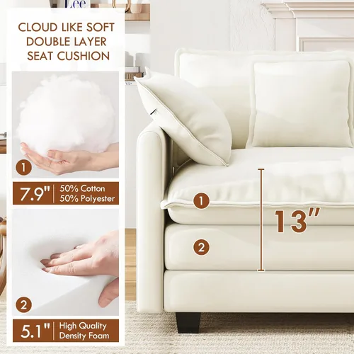Vista 3 de Sofá de nube en forma de L de 77 pulgadas, sofá modular con otomana, cómodo sofá biplaza de felpilla con almohada para sala de estar, dormitorio