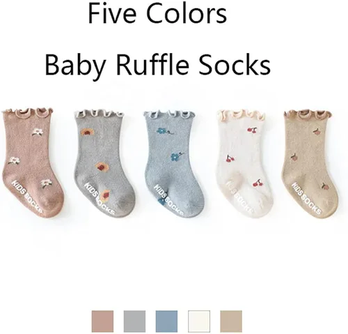 Vista 2 de FYLuoke Calcetines de encaje con volantes para bebé, calcetines de uniforme para niñas, calcetines casuales de algodón, lindos con volantes