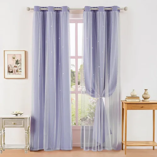 Vista 24 de indistar Cortinas opacas con recortes de estrellas para dormitorio de niña, cortinas de oscurecimiento para habitación de bebé, cortinas