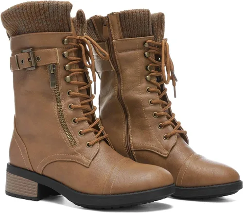 Vista 3 de DREAM PAIRS Botas militares de invierno con cordones a media pantorrilla para mujer
