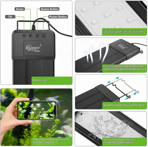 Vista 6 de hygger - Luz LED inteligente para acuario de 18 W, con control por Bluetooth y aplicación, luz de tanque de peces de espectro completo con ciclo
