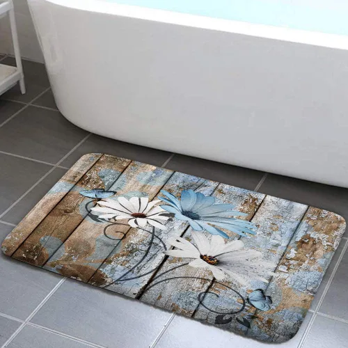 Vista 23 de JAWO Alfombra de baño con flores de granja, dalia en tablones de madera rústica, juego de tapetes de baño con flores azules, en forma de U