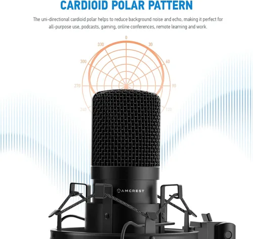 Vista 4 de Amcrest Micrófono USB para grabaciones de voz, podcasts, juegos, conferencias en línea, transmisión en vivo, micrófono cardioide con brazo de brazo