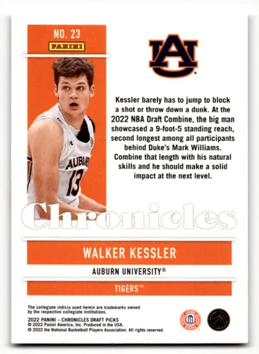 Vista 2 de Panini Chronicles Draft Picks 2022-23 Walker Kessler Auburn Tigers RC Rookie Basketball Trading Card