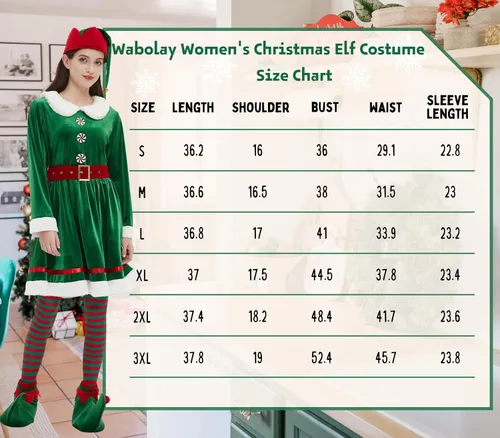 Vista 7 de Wabolay Disfraz de elfo para mujer, vestido de Navidad para adultos, 5 piezas, lindo traje de Navidad de elfos de Santa con sombrero, zapatos