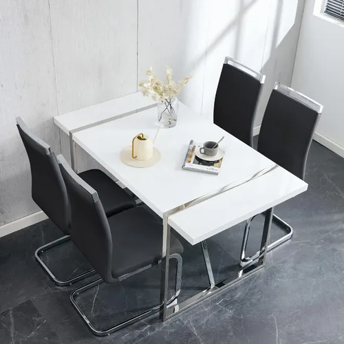Vista 3 de Juego de sillas de mesa de comedor para 4, mesa de cocina rectangular moderna de 55 pulgadas con sillas acolchadas de cuero, juego de mesa de Negro