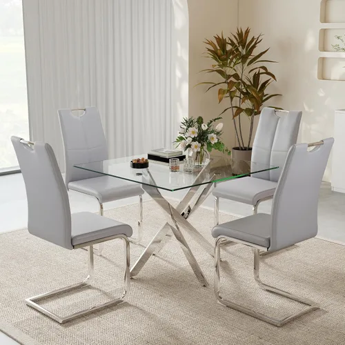 Vista 9 de 36-Inch Square Glass Dining Table Set with 4 Faux Leather High-Back Chairs - Modern Metal Cross-Leg Table with Comfortable C-Leg Seats for Modern