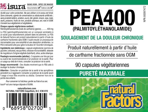 Vista 5 de Natural Factors PEA400 - Palmitoiletanolamida pura para alivio, apoya el sistema nervioso y las molestias ocasionales, sin OMG, 90 cápsulas