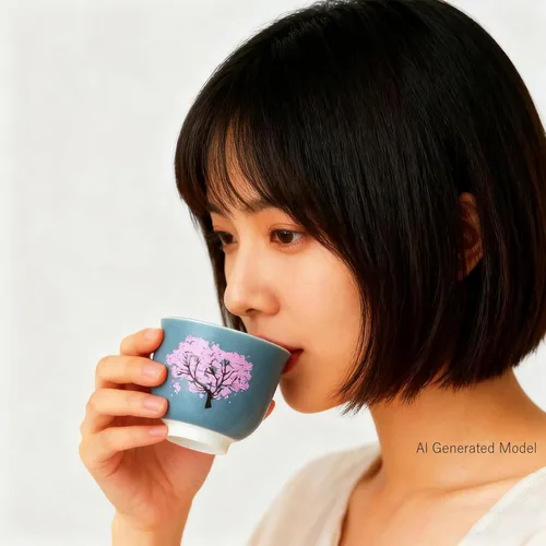 Vista 2 de Taza de té con flores de cerezo cambiantes sensibles al calor, 4.4 onzas, azul Estilo japonés, cambio de color, apto para lavavajillas, para té