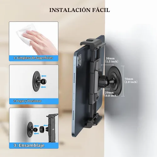 Vista 8 de OHLPRO Soporte de pared para tableta, soporte de pared para iPad con giro ajustable de 360°, soporte adhesivo 3M sin taladrar para cocina, oficina