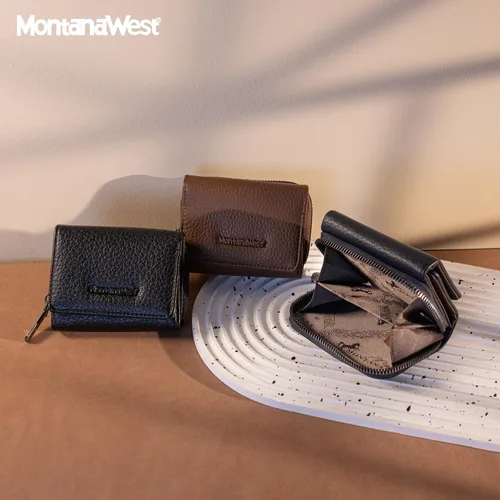 Vista 5 de Montana West Billetera pequeña para mujer, de piel auténtica, triple pliegue, tarjetero Rfid con cremallera y bolsillo para monedas, Un negro, Casual