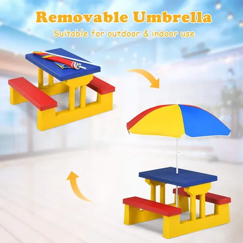 Vista 3 de Costzon Mesa de picnic para niños, mesa y banco para interiores y exteriores con paraguas extraíble, mesa de picnic portátil para niños pequeños