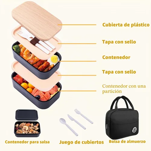 Vista 4 de Healfyya Caja Bento con Bolsa de Almuerzo Apta para Microondas Todo-en-Uno Compartimento de Preparación de Comidas Contenedores de Almuerzo