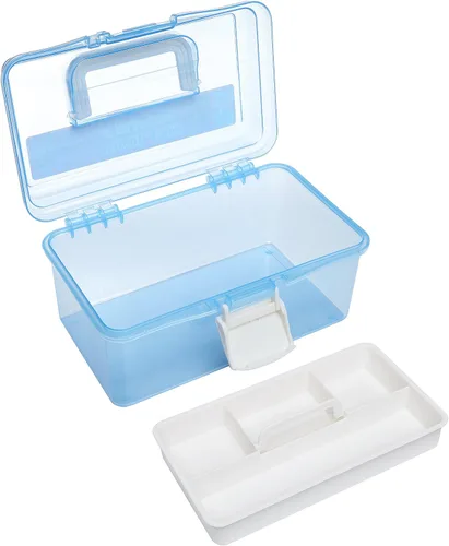 Vista 5 de MyGift Caja de almacenamiento de plástico de 10 pulgadas con bandeja extraíble, organizador de manualidades azul y caja de almacenamiento de arte
