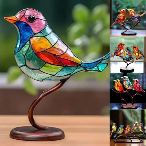 Vista 4 de 2023 Nuevos Pájaros De Metal Teñido En Rama Adornos De Escritorio, Adornos De Mesa De Pájaros De Metal Planos De Doble Cara Coloridos, Estatua De