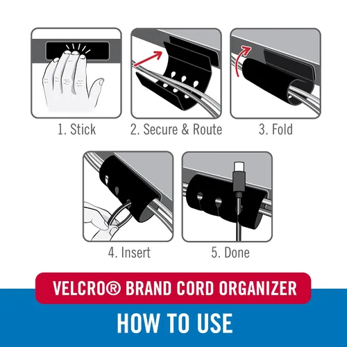 Vista 4 de VELCRO Brand Organizador de cables para escritorio y mesita de noche, 5 ranuras para cables con enrutamiento de mangas, soporte de alambre adhesivo