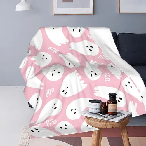 Vista 9 de Manta rosa de fantasmas de Halloween, manta de franela ligera y suave y mullida para cama, sofá, sala de estar, automóvil, viajes, mascotas, 40 x 30