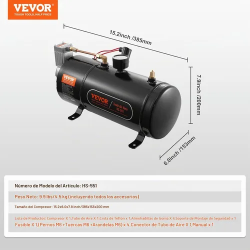 Vista 7 de VEVOR Compresor de aire de 12 V con tanque de 0.8 galones/3 L, compresor de aire de bocinas de tren, sistema de compresor de aire a bordo de 120 psi