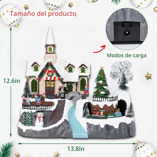 Vista 3 de DREAM GARDEN Casa de pueblo de Navidad, iglesia iluminada con tren en movimiento y árbol de Navidad, funciona con pilas, edificios musicales