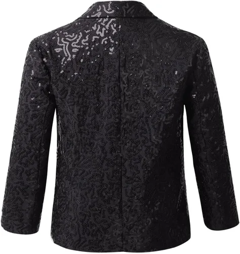 Vista 2 de Kids Boys Shiny Sequins Suit Jacket Wedding Pageant Formal Tuxedo Long Sleeve Coat Party Dance Costumes Negro