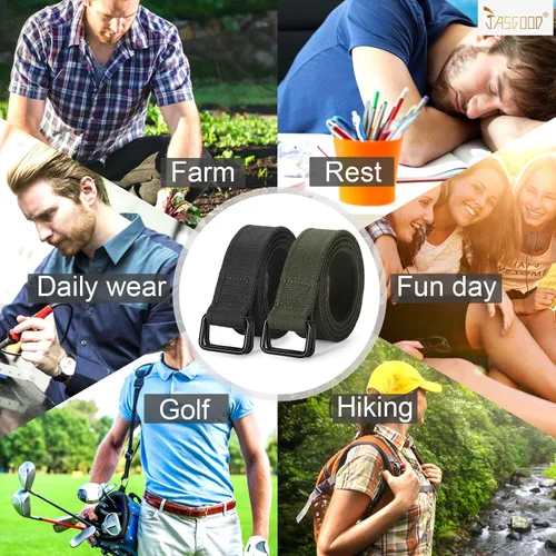 Vista 7 de JASGOOD Cinturones de tela de lona para hombre, cinturones casuales de tela con hebilla de doble anillo negro, paquete de 2