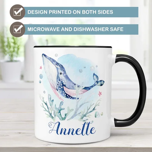 Vista 4 de Taza de café náutica personalizada de ballena Añadir nombre personalizado a la taza de cerámica Apto para microondas y lavavajillas, regalo