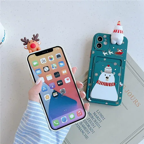 Vista 6 de Yatchen Funda de Navidad para iPhone 7/8/SE2, bonito diseño de dibujos animados 3D de Papá Noel con ranura para tarjetas, funda protectora ultra