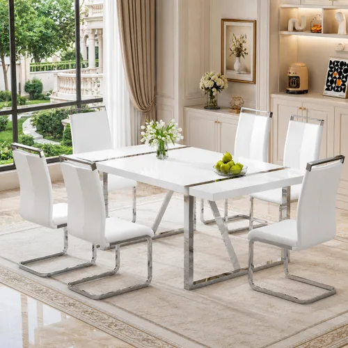 Vista 11 de Mesa de comedor Ebullient para 4, mesa de comedor rectangular negra de MDF, tapa de mesa de cena de mármol falso, mesa de comedor moderna con marco