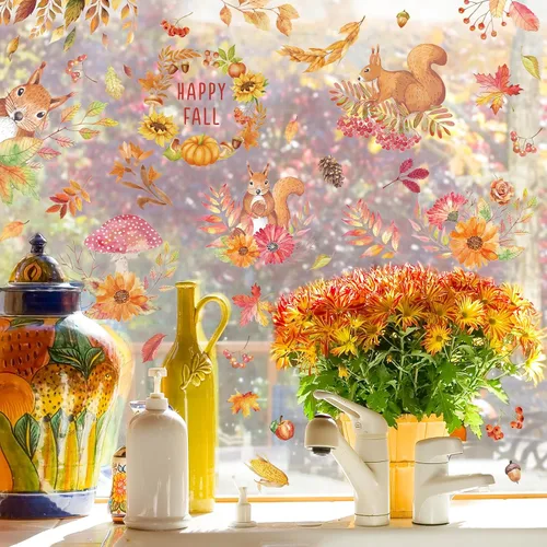 Vista 6 de AnyDesign 6 hojas de calcomanías de otoño para ventana, hojas de otoño, ardilla, calcomanías de ventana de doble cara extraíbles para ventana