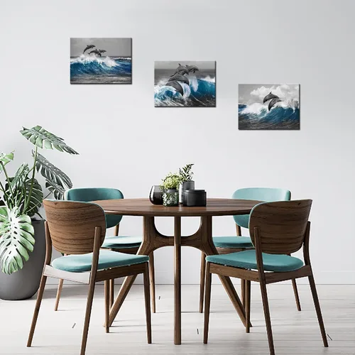 Vista 5 de Biuteawal 3 piezas de arte de pared de delfín gris azul océano océano animal imagen decoración de baño pintura marina impresiones sobre lienzo