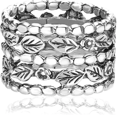 Vista 3 de Anillo ancho de plata de ley 925, flores y hojas, oxidado, aspecto vintage, elegante, hipoalergénico, sin níquel ni plomo, colección de diseñador