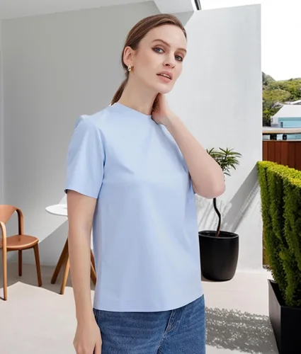 Vista 4 de Camiseta básica de manga corta para mujer, cuello redondo y seda de algodón para mujer