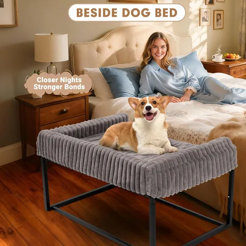 Vista 2 de Cama ajustable para perros grandes, cama elevada para perros con marco de metal, colchón de espuma viscoelástica y funda de pana lavable, cama