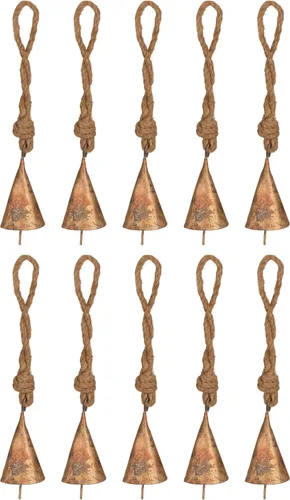 Vista 18 de Juego de 10 cascabeles y campanas de vaca doradas rústicas para manualidades, juego de cencerros pequeños vintage de 3.15 pulgadas con cuerda de Oro