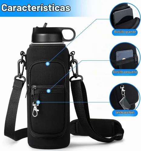 Vista 3 de RRegeny Soporte para botella de agua con correa para Hydroflask de 32 oz 40 onzas, bolsa de transporte con bolsillo para teléfono, funda para Negro