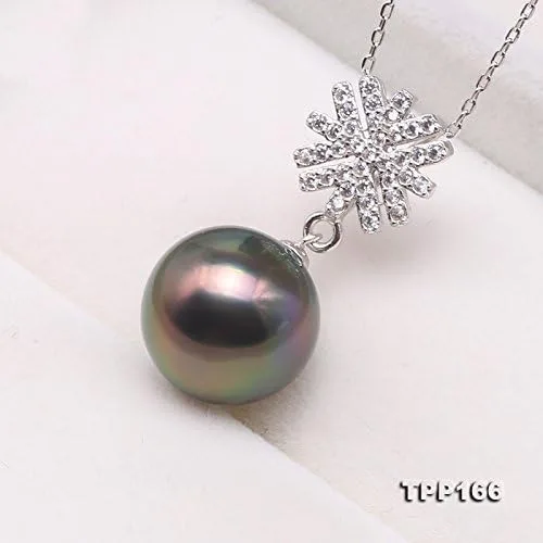 Vista 3 de jyx plata de ley 12mm. Negro Perlas Cultivadas De Tahití collar con colgante snowflake
