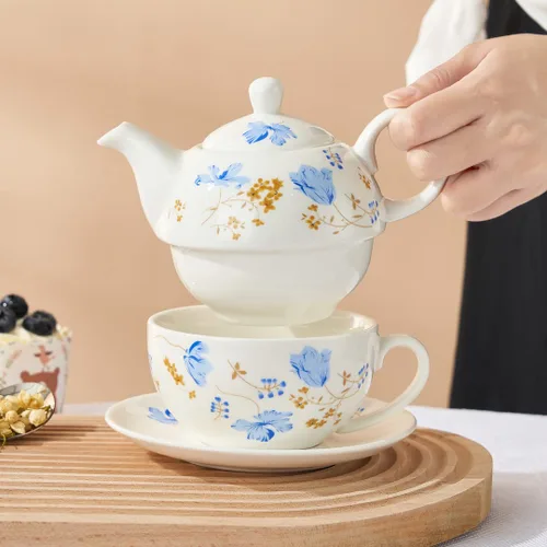 Vista 2 de Juego de té para uno, juego de tetera y taza de porcelana, tetera para uno Juego de té floral de regalo para mujeres, orquídeas
