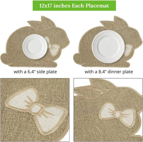 Vista 2 de Feuille Juego de 4 manteles individuales de Pascua, diseño de conejito en color natural con pajarita para Pascua, manteles individuales de primavera