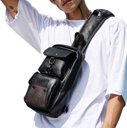 Vista 6 de Mochila estilo bandolera de piel para hombres y mujeres, bandolera de hombro, al pecho, mochila de uso diario para viajes, al aire libre